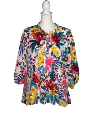 Umgee White Multicolor Floral Tie-Neck Peplum Tunic EUC Sz XL Boho Chic Tropical